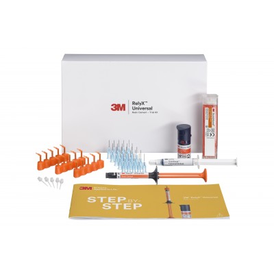 RelyX™ Universal pryskyřičný cement, zkušební sada, A1 (1x 3,4g stříkačka, 15x Mikro míchací kanyly, 5x prodlužovací endo koncov., 1x Scotchbond Universal Plus adhezivum )